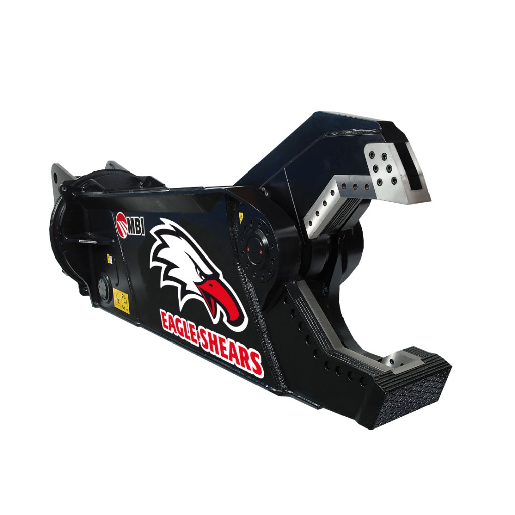 Schwarze hydraulische Schrottschere MBI SH550R mit Eagle Shears-Logo und silbernen Schneidklingen, freigestellt auf weißem Hintergrund.