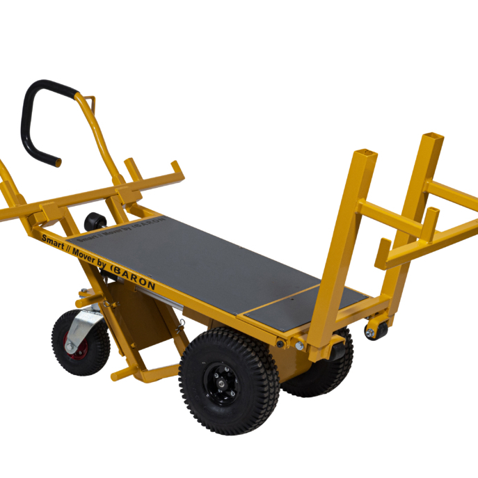 Der gelbe SmartMover von BARON steht auf weißem Grund, mit schwarzer Ladefläche, großen Reifen und seitlichen Halterungen für den Transport.