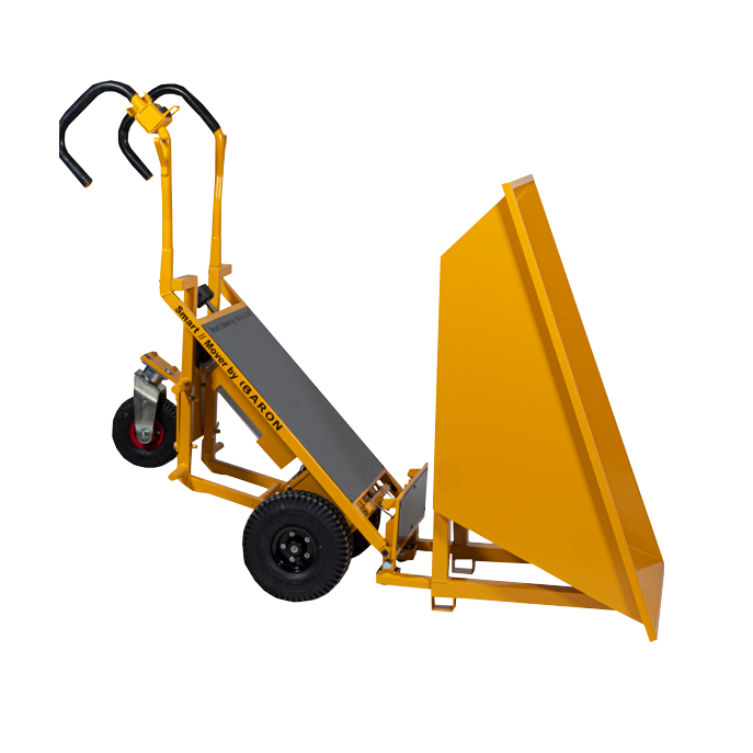 Ein gelber Baron SmartMover Akku-Dumper mit zwei Griffbügeln, großen Rädern und kippbarer Mulde steht seitlich auf weißem Hintergrund frei.