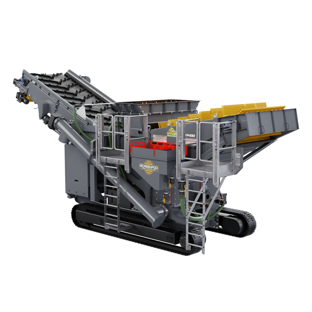 Der graue Leichtstoffabscheider Hydra TFS1400 von Screenpod steht auf Raupenfahrwerk, mit gelben Förderelementen, Leitern und Arbeitsplattformen.