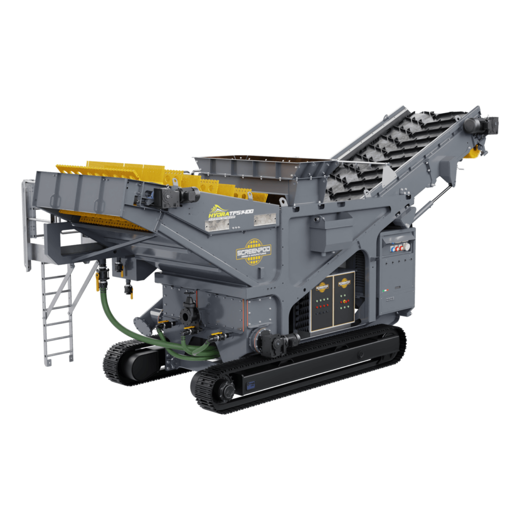 Ein grauer, gelb akzentuierter HYDRA TFS1400 auf Raupenfahrwerk mit Förderbändern, Leiter und Steuerkasten steht vor weißem Hintergrund.