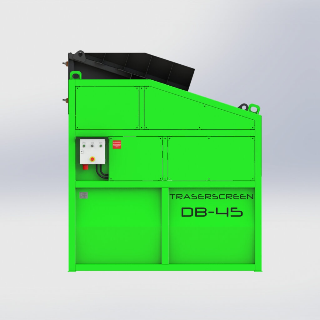 Vor hellgrauem Hintergrund steht eine leuchtend grüne Traserscreen DB-45 mit schwarzem Aufsatz, Steuerkasten links und klarer Modellbeschriftung am Gehäuse.