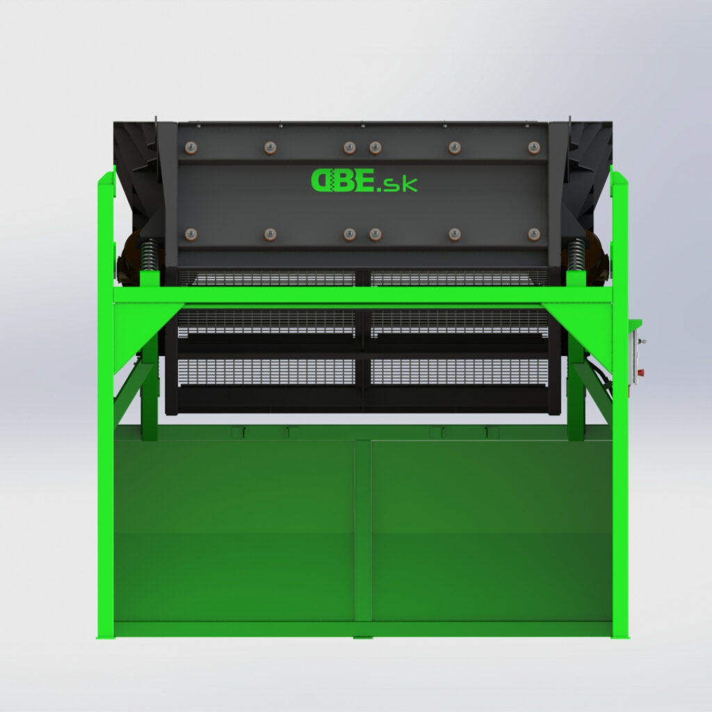 Eine grün-schwarze Traserscreen-DB-45-4 Siebanlage mit markantem BE.sk-Logo und rechteckigem Stahlrahmen vor hellem Hintergrund von vorn.