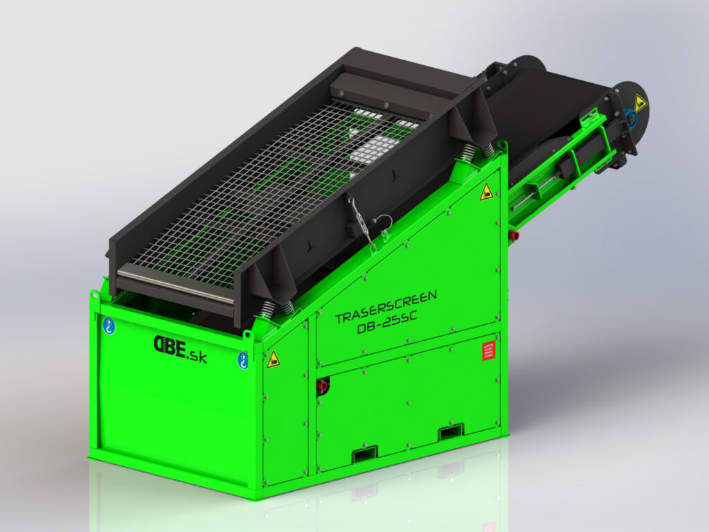 Leuchtend grüne und schwarze Traserscreen DB-25SC mit geneigtem Siebdeck, Metallgitter oben und markanten Warnsymbolen an der Seitenwand.