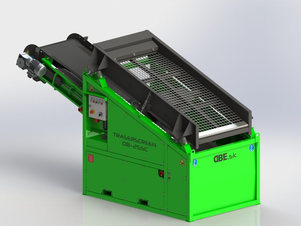 Ein grüner Traserscreen DB-25SC mit schwarzem Gehäuse, Gitteraufsatz, Motorantrieb und Schalttafel steht schräg vor hellem Hintergrund.