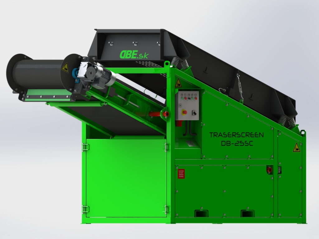 Leuchtgrüne Traserscreen DB-25SC Siebmaschine mit schwarzem Förderband, seitlichem Elektromotor und Bedienfeld vor hellem Studiohintergrund.
