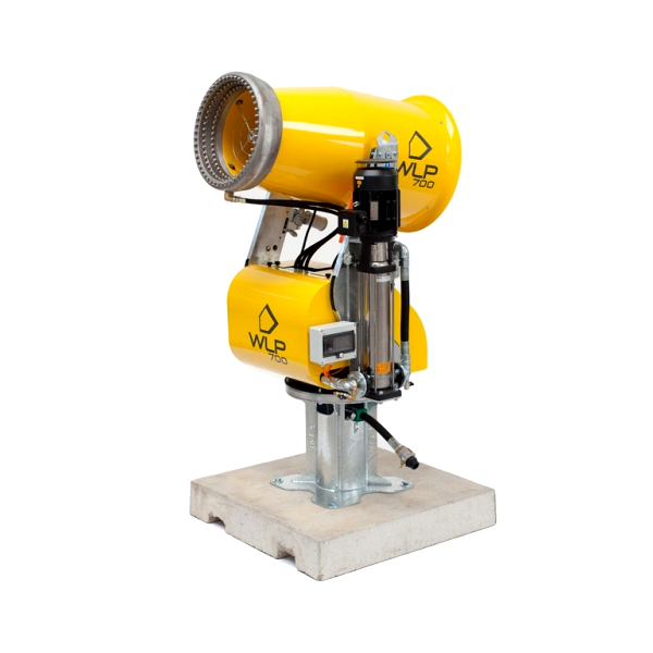 Gelbe WLP 700 mit zylindrischem Gehäuse, sichtbaren Schläuchen und Metallständer auf einer hellen Betonbasis vor weißem Hintergrund.