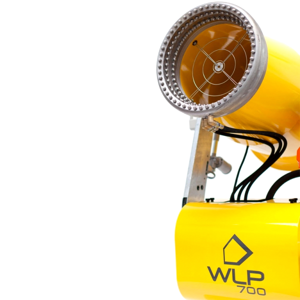 Ein gelbes WLP 700-Gerät mit rundem Metallauslass, Schutzgitter, Kabeln und sichtbarem WLP-Logo am Gehäuse vor weißem Hintergrund.