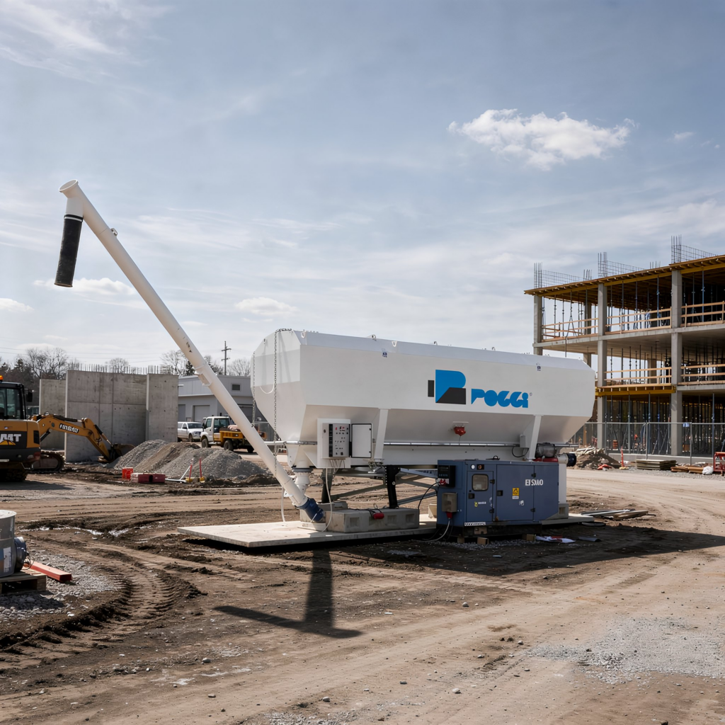 Eine weiße Betonmischanlage von Poca steht auf einer Baustelle neben Rohbauten, Schotterhaufen und einem langen Förderrohr unter blauem Himmel.